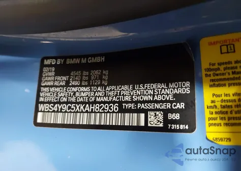2019 BMW M4 from USA, damaged, VIN WBS4Y9C5XKAH82936